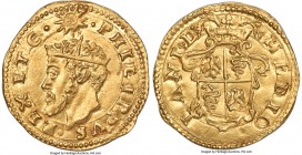 Milan. Philip II of Spain gold Scudo d'Oro del Sole ND (1556-1598) MS63 NGC, Fr-718, MIR-304 (RR), Crippa-7 (R2). 3.27gm. • PHILLIPVS • REX ET C •, cr...
