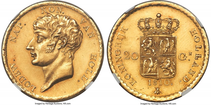Kingdom of Holland. Louis Napoleon gold 20 Gulden 1810-B MS62 NGC, Utrecht mint,...