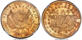 South Peru. Republic gold 8 Escudos 1838 CUZCO-MS AU58 NGC, Cuzco mint, KM171. A radiant selection conveying a very nearly Mint State quality. Sun-gol...