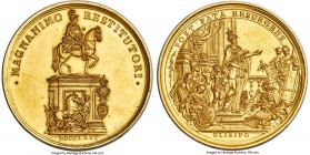 Joseph I gold "Monument" Medal 1775 MS62 NGC, cf. Wurzbach-4150 (silver), cf. Wellenheim-32 (same). 46mm. 53.70gm. By J. Gaspar. A fascinating commemo...