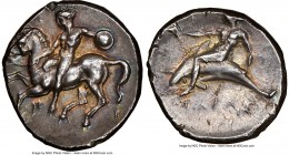 CALABRIA. Tarentum. Ca. 380-334 BC. AR stater or didrachm (22mm, 7.92 gm, 8h). NGC AU 4/5 - 4/5, Fine Style. Nude youth dismounting from horse gallopi...