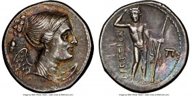 BRUTTIUM. The Brettii. Ca. 216-214 BC. AR drachm (18mm, 4.77 gm, 10h). NGC AU S 5/5 - 5/5. Second Punic War issue. Draped bust of Nike right, seen fro...