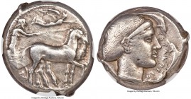 SICILY. Syracuse. Second Democracy (ca. 466-405 BC). AR tetradrachm (24mm, 17.40 gm, 5h). NGC Choice VF 4/5 - 3/5. Ca. 430-420 BC. Male charioteer, we...
