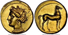 ZEUGITANA. Carthage. Ca. 350-320 BC. AV stater (18mm, 9.25 gm, 6h). NGC Choice AU 5/5 - 4/5. Bust of Tanit left, hair wreathed with grain ears, wearin...