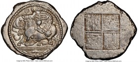MACEDON. Acanthus. Ca. 470-430 BC. AR tetradrachm (30mm, 17.03 gm). NGC Choice AU 5/5 - 4/5. Lion with long curved tail, springing right, attacking an...