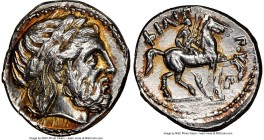 MACEDONIAN KINGDOM. Philip II (359-336 BC). AR tetradrachm (24mm, 14.37 gm, 7h). NGC Choice AU 4/5 - 3/5, die shift, brushed. Posthumous issue of Amph...
