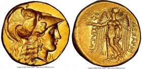 MACEDONIAN KINGDOM. Alexander III the Great (336-323 BC). AV stater (18mm, 8.56 gm, 5h). NGC AU 5/5 - 4/5, Fine Style. Early posthumous issue of Side(...