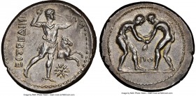 PAMPHYLIA. Aspendus. Ca. 325-250 BC. AR stater (27mm, 10.42 gm, 1h). NGC Choice AU 5/5 - 3/5, Fine Style. Pair of nude wrestlers grappling; ΠO between...