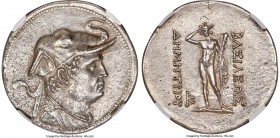 BACTRIAN KINGDOM. Demetrius I (ca. 200-185 BC). AR tetradrachm (34mm, 16.28 gm, 12h). NGC AU 5/5 - 3/5. Diademed, draped bust of Demetrius I right, se...