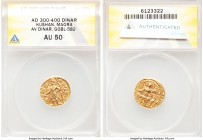 INDIA. Kushan Empire. Magra (ca. AD 300). AV dinar (19mm, 1h). ANACS AU50. Uncertain mint. ÞOONONO-KOOÞO, Magra standing facing, nimbate head left, we...