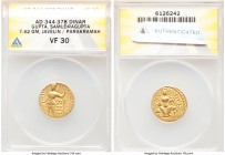 INDIA. Gupta Empire. Samudragupta (ca. AD 344-378). AV dinar (20mm, 7.42 gm, 12h). ANACS VF 30. Javelin type. Samudragupta, standing facing, nimbate h...