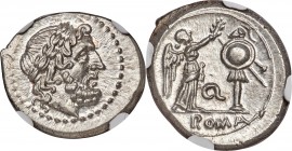 Anonymous (ca. 211-208 BC). AR victoriatus (18mm, 3.34 gm, 4h). NGC Choice MS 5/5 - 5/5, Fine Style. Apulia, Q series. Laureate head of Jupiter right ...