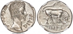 Augustus (27 BC-AD 14). AR denarius (19mm, 3.86 gm, 6h). NGC MS 5/5 - 4/5. Lugdunum, ca. 15-13 BC. AVGVSTVS-DIVI•F, bare head of Augustus right; dotte...