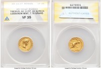 Tiberius (AD 14-37). AV aureus (19mm, 7.76 gm, 3h). ANACS VF 35. Lugdunum, ca. AD 14-17. TI CAESAR DIVI-AVG F AVGVSTVS, laureate head of Tiberius righ...