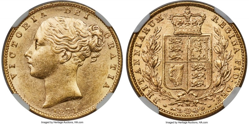 Victoria gold "Shield" Sovereign 1874-M MS63 NGC, Melbourne mint, KM6. Tied for ...