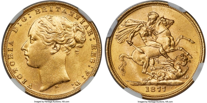 Victoria gold "St. George" Sovereign 1877-M MS64 NGC, Melbourne mint, KM7. The s...