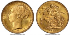 Victoria gold "St. George" Sovereign 1885-M MS64 PCGS, Melbourne mint, KM7, S-3857C. Small "BP" variety. Luxuriously satiny and lustrous, this commend...