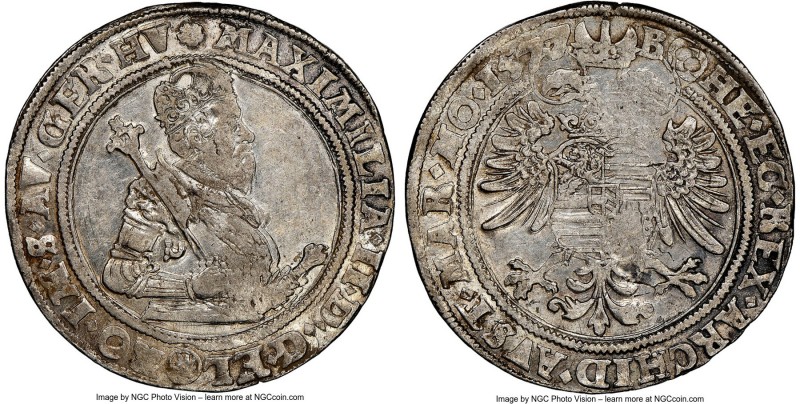 Maximilian II Taler 1577/3 AU53 NGC, Prague mint, cf. Dav-8055 (date unlisted), ...