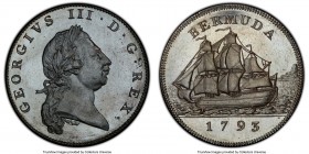 British Colony. George III bronzed Proof Penny 1793 PR64 PCGS, KM5a, Prid-5A. Mintage: 50. A very rare Proof, deeply toned to an almost navy color ove...