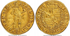 Rudolf II gold Ducat 1585 AU55 NGC, Prague mint, Fr-12, Dietiker-430. 3.46gm. Struck on a well-produced flan bearing strong residual luster and a plea...