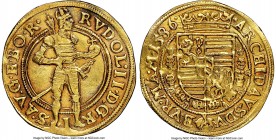 Rudolf II gold Ducat 1586 AU Details (Cleaned) NGC, Prague mint, Fr-12. Seemingly a scarcer strike from dies with re-arranged obverse legends. Bold an...