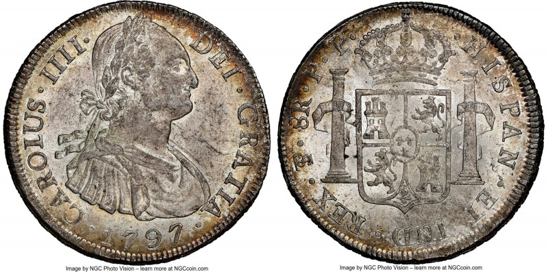 Charles IV 8 Reales 1797 PTS-PP MS63 NGC, Potosi mint, KM73. Graced with satiny ...