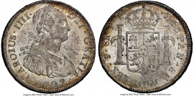Charles IV 8 Reales 1797 PTS-PP MS63 NGC, Potosi mint, KM73. Graced with satiny silver luster overlaid with graphite accents, pale russet tone decorat...