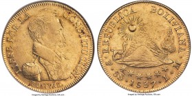 Republic gold 8 Scudos 1837 PTS-LM AU55 NGC, Potosi mint, KM99, Onza-1583. A quite sharp entry for the usual flatness of the series, not struck the le...