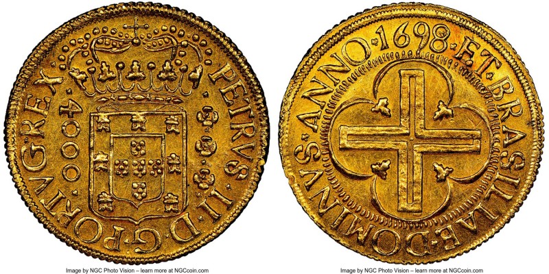 Pedro II gold 4000 Reis 1698/7-(B) MS62 NGC, Bahia mint, cf. KM89 (overdate unli...