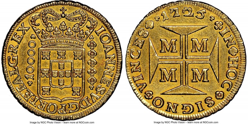 João V gold 10000 Reis 1725-M AU Details (Cleaned) NGC, Minas Gerais mint, KM116...