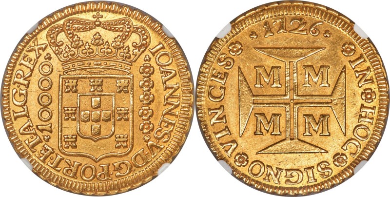 João V gold 10000 Reis 1726-M AU58 NGC, Minas Gerais mint, KM116, LMB-246, Fr-34...