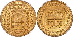 João V gold 10000 Reis 1726-M AU58 NGC, Minas Gerais mint, KM116, LMB-246, Fr-34. A bold representative featuring a striking satiny brilliance amidst ...