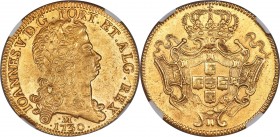 João V gold 12800 Reis (Dobra) 1730-M UNC Details (Reverse Cleaned) NGC, Minas Gerais mint, KM139, LMB-286. Sculpted to admirable clarity of detail, t...