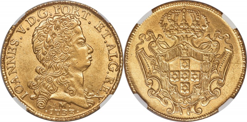 João V gold 12800 Reis (Dobra) 1733-M AU58 NGC, Minas Gerais mint, KM139, LMB-28...