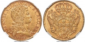 João V gold 12800 Reis (Dobra) 1733-M AU55 NGC, Minas Gerais mint, KM139, LMB-288. Struck to completeness of detail, the strike well-positioned to yie...