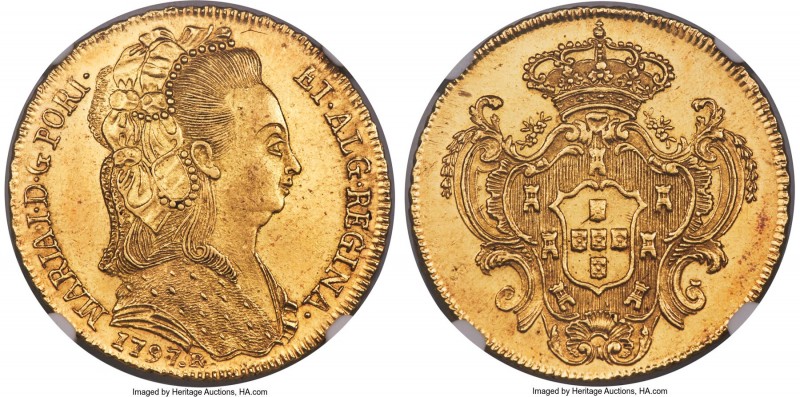 Maria I gold 6400 Reis 1797-R MS63 NGC, Rio de Janeiro mint, KM226.1, LMB-535. U...