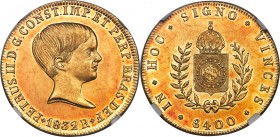 Pedro II gold 6400 Reis 1832-R MS63 S NGC, Rio de Janeiro mint, KM387.1, LMB-613. "Open mouth" variety. Bestowed with a standout strike and an exempla...