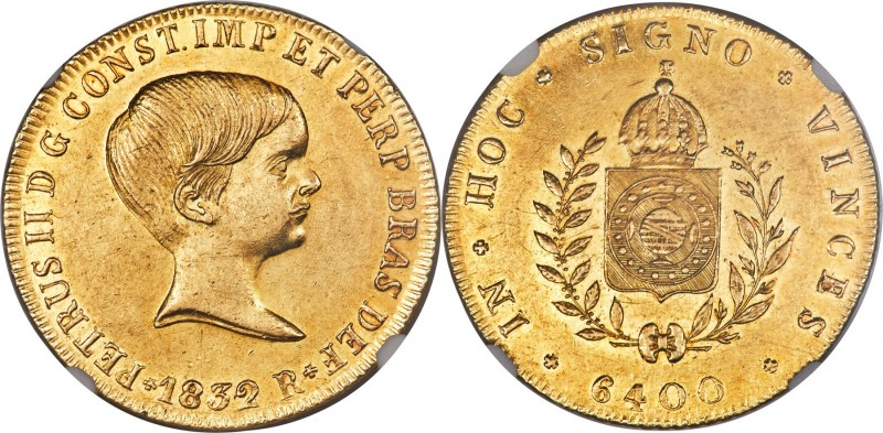 Pedro II gold "'Azevedo' Below Bust" 6400 Reis 1832-R AU58 NGC, Rio de Janeiro m...