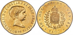 Pedro II gold "'Azevedo' Below Bust" 6400 Reis 1832-R AU58 NGC, Rio de Janeiro mint, KM387.1, LMB-613A. "Closed mouth" variety. Brilliant sun-gold acr...