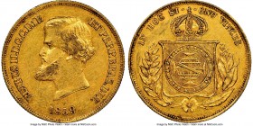 Pedro II gold 10000 Reis 1859 AU55 NGC, Rio de Janeiro mint, KM467, LMB-651. Light and even wear, with surfaces remarkably free from issues, save a sh...