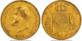 Pedro II gold 10000 Reis 1863 AU55 NGC, Rio de Janeiro mint, KM467, LMB-651. Deeply toned, with only slight friction atop the higher points of Pedro's...