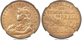 Republic brass Pattern 1000 Reis 1924 MS62 NGC, LMB-E220, Bentes-E66.01 (R2). The first example of this very rare pattern we have encountered, as well...
