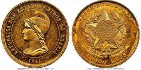 Republic gold 10000 Reis 1916 MS63 NGC, Rio de Janeiro mint, KM496, LMB-707. Reflective surfaces, with a hint of friction in the fields, though in a d...