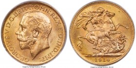 George V gold Sovereign 1914-C MS65 PCGS, Ottawa mint, KM20, S-3997. A more difficult date in the Canadian Sovereign series that saw only 14,871 examp...