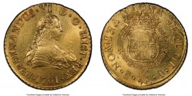 Ferdinand VI gold 8 Escudos 1751 So-J UNC Details (Cleaned) PCGS, Santiago mint, KM3, Fr-5, Cal-824, Onza-644. Lightly brushed, commensurate with the ...