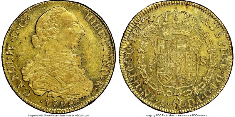 Charles IV gold 8 Escudos 1790 So-DA MS61 NGC, Santiago mint, KM42, Fr-19. As a ...