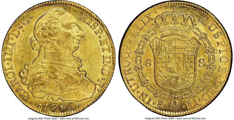 Charles IV gold 8 Escudos 1796 So-DA MS62 NGC, Santiago mint, KM54, Fr-23. Bathe...