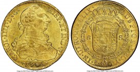 Charles IV gold 8 Escudos 1796 So-DA MS62 NGC, Santiago mint, KM54, Fr-23. Bathed in scintillating luster, Charles' bust picked out in golden mint fro...