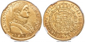 Ferdinand VII gold 8 Escudos 1810 So-FJ AU55 NGC, Santiago mint, KM72, Onza-1346. A lightly circulated representative, nearly uncirculated on the reve...