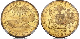 Republic gold 8 Escudos 1835 So-IJ AU58 NGC, Santiago mint, KM93, Onza-1630. Minorly circulated atop the high points of the design, but an attractive ...
